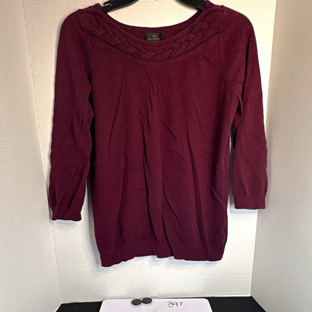 Worthington Burgundy Cable Knit Scoop Neck 3/4 Sleeve Pullover Sweater L